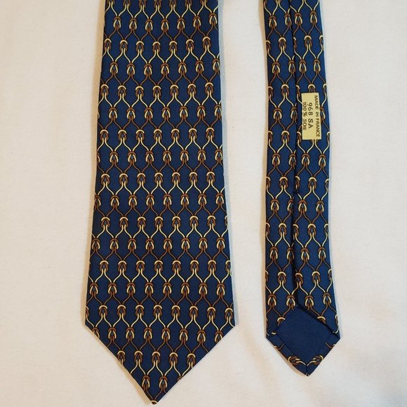 Hermes 100% Authentic Silk Tie  Geometrical Patterns Knots Navy Blue - Picture 4 of 12